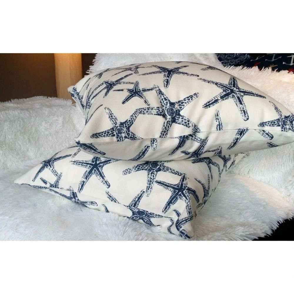 Starfish 20X20 Zippered Throw Pillow‎ Covers Pair Navy White Premier Prints NEW